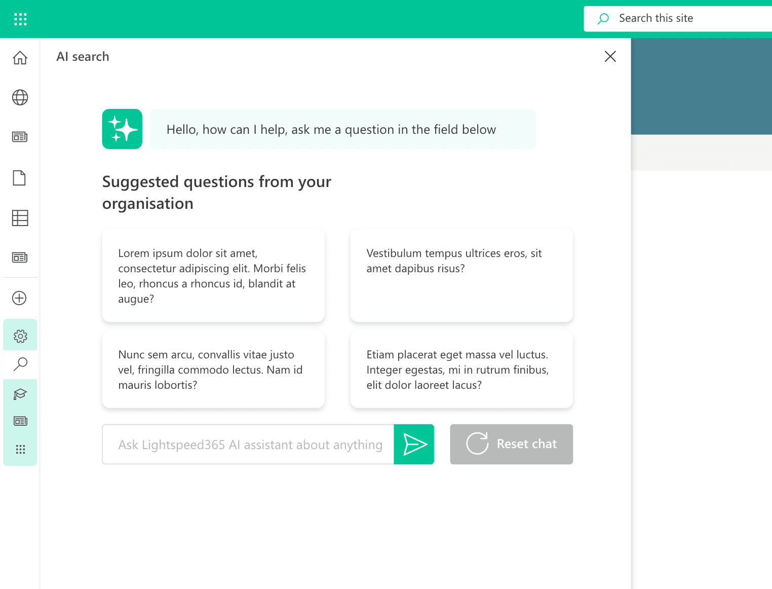 Lightspeed365 app panel showing AI search and quick links in SharePoint