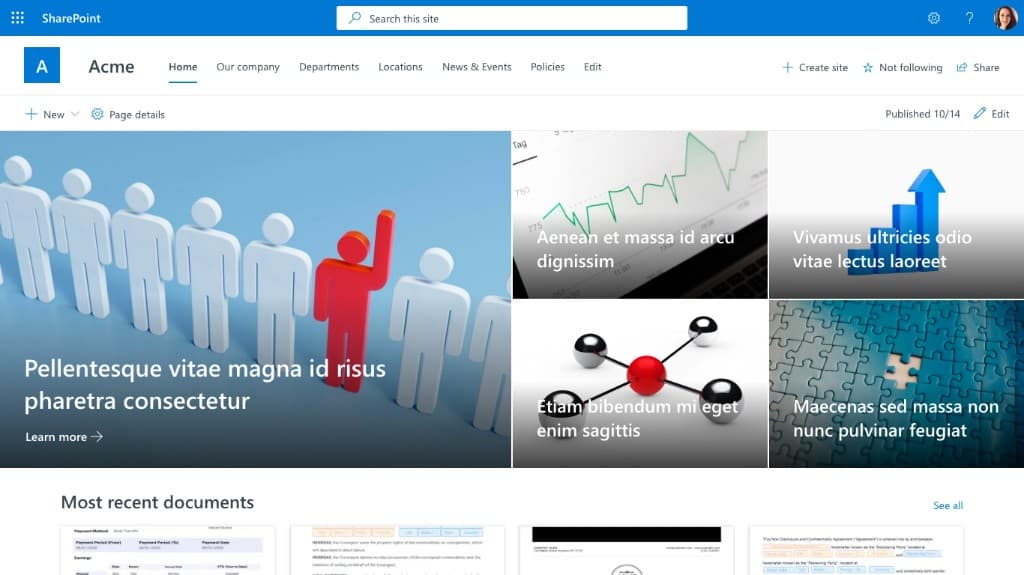 Default SharePoint communication site with stock hero imagery, placeholder text, and standard navigation