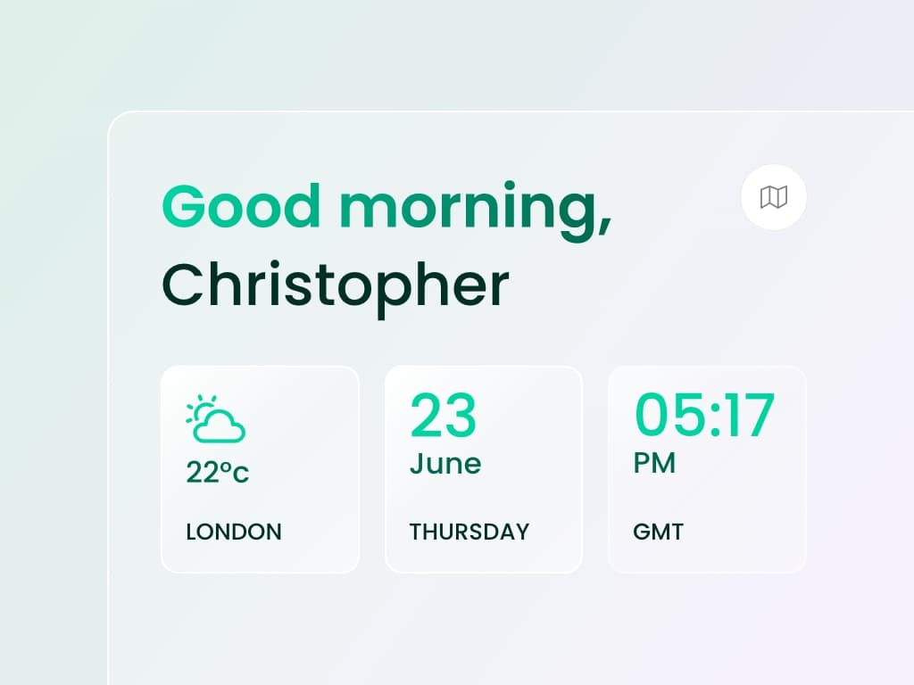 Welcome bar with personalised greeting, app launcher, and a poll