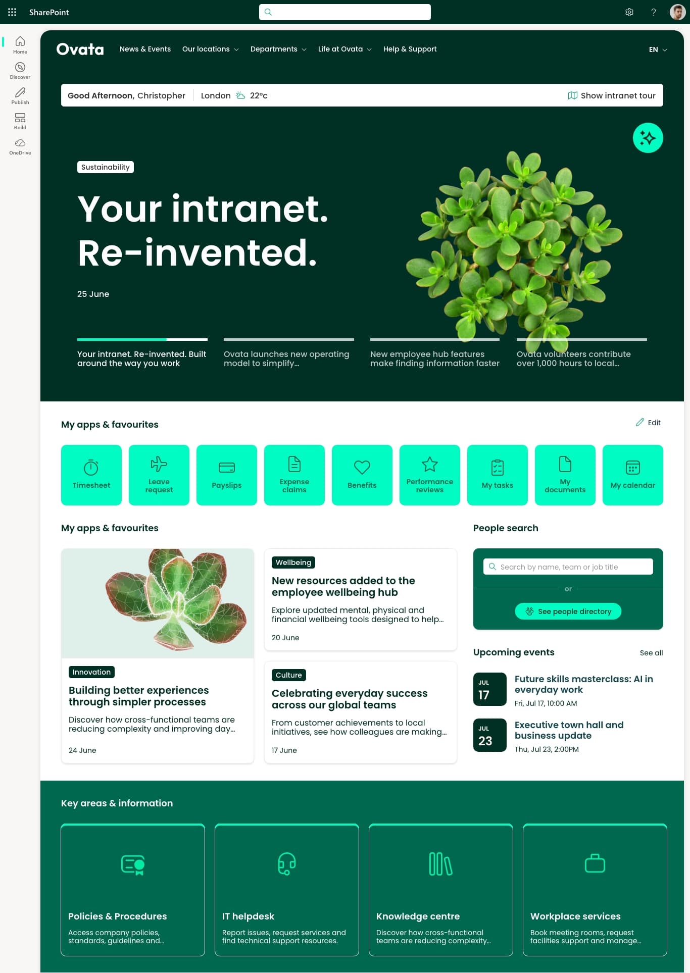 Branded Lightspeed365 SharePoint intranet homepage showing news feed, quick links, and navigation