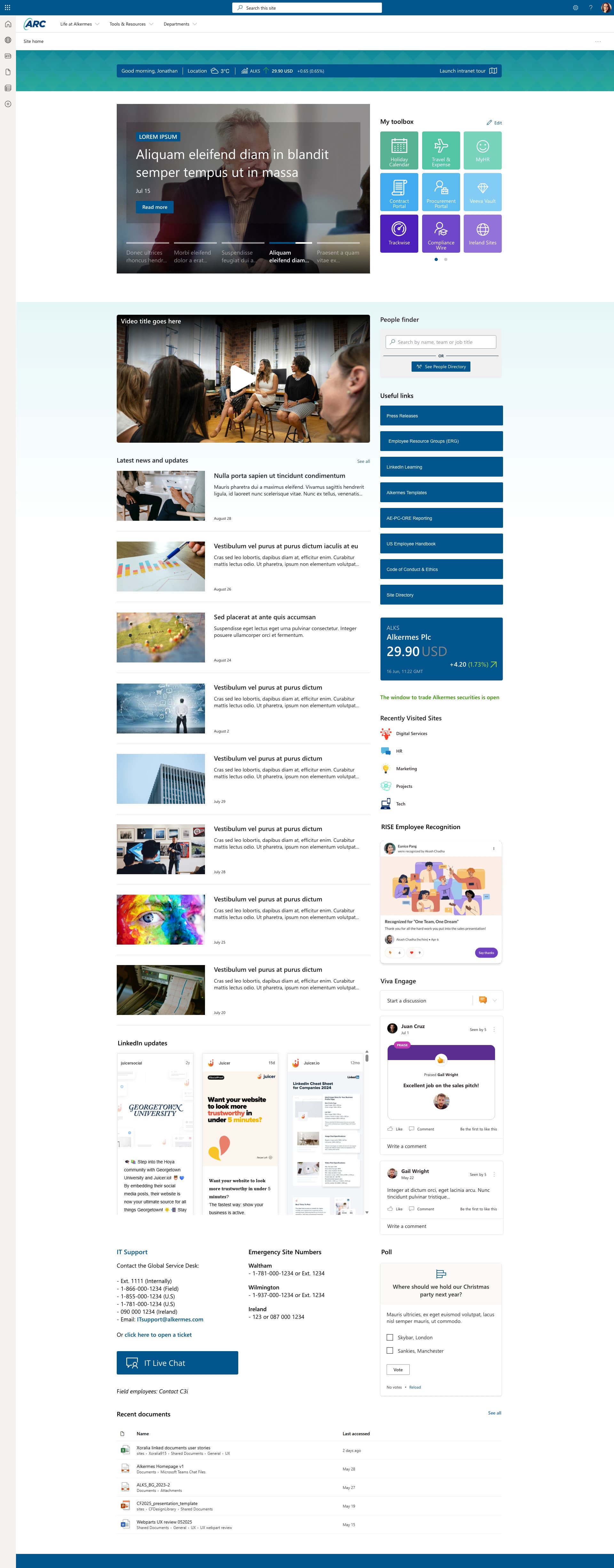 Alkermes: modern SharePoint intranet homepage | Lightspeed365