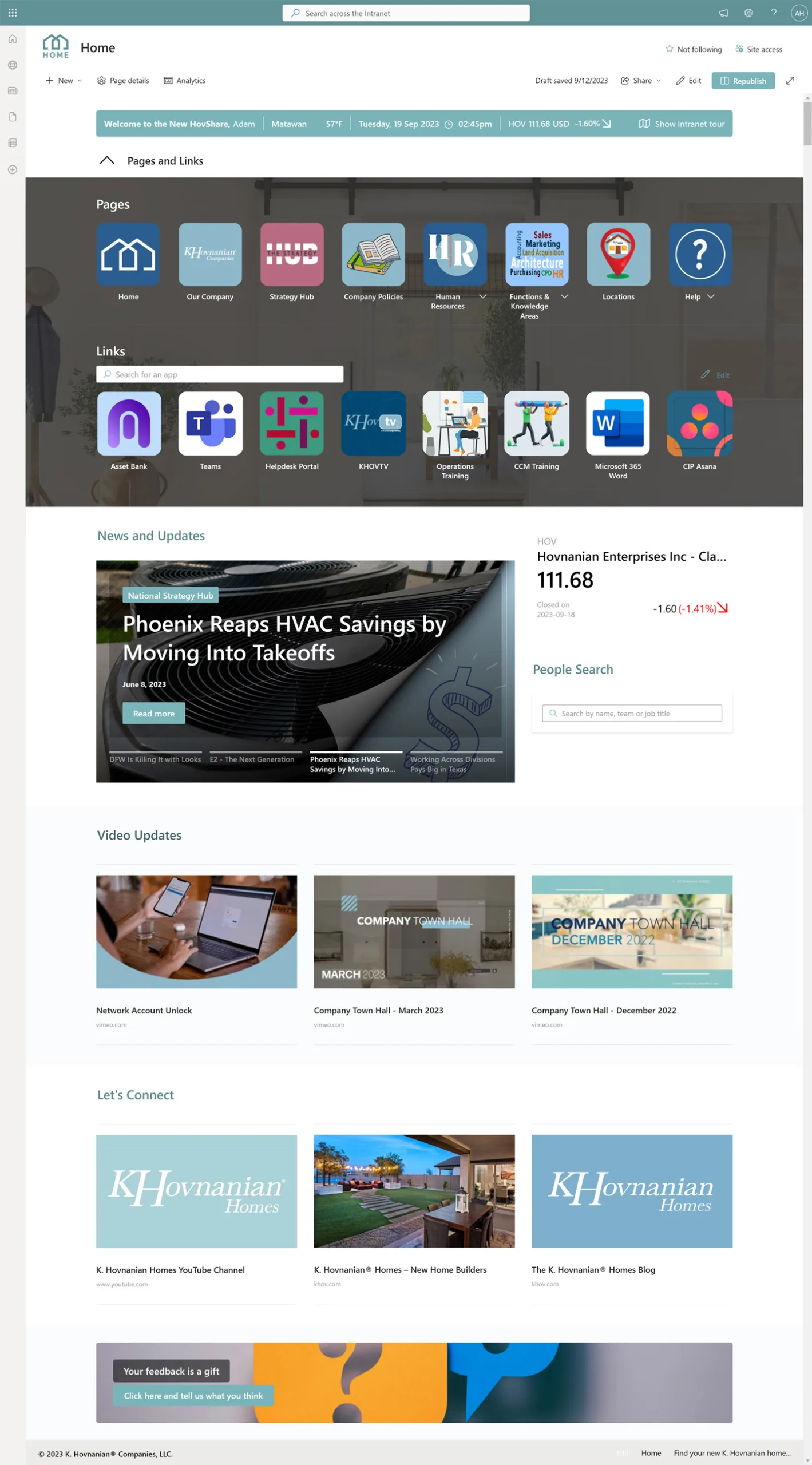 App-style SharePoint intranet design for field and office teams