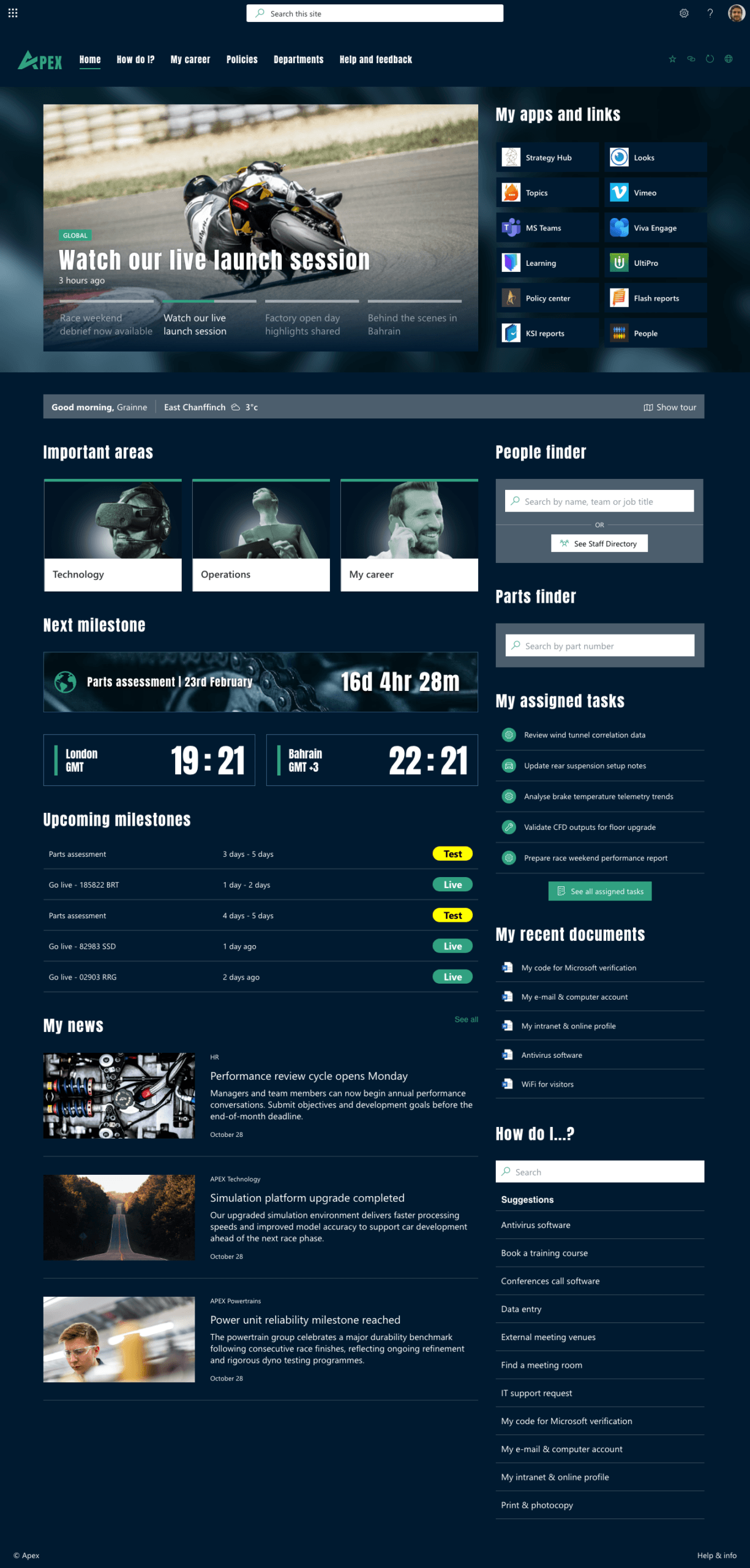 Bold dark-themed SharePoint intranet design