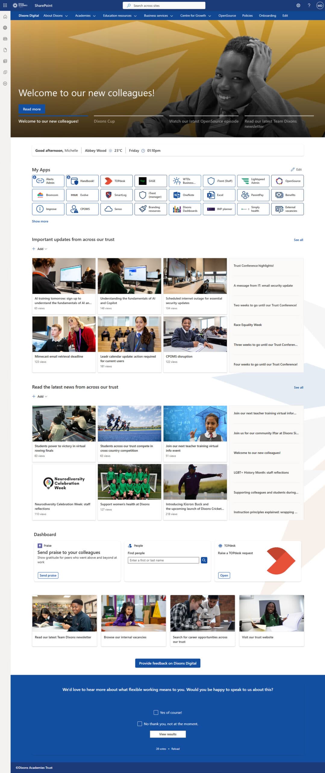 Dixons Academies Trust SharePoint intranet homepage for staff across 30 schools