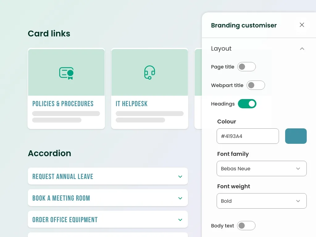 Lightspeed365 branding customiser on a SharePoint intranet design, showing heading colour, font family, and font weight controls