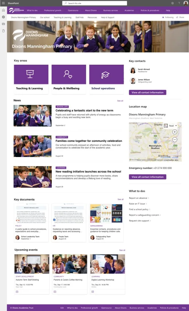 Dixons Manningham Primary SharePoint intranet design with purple school branding