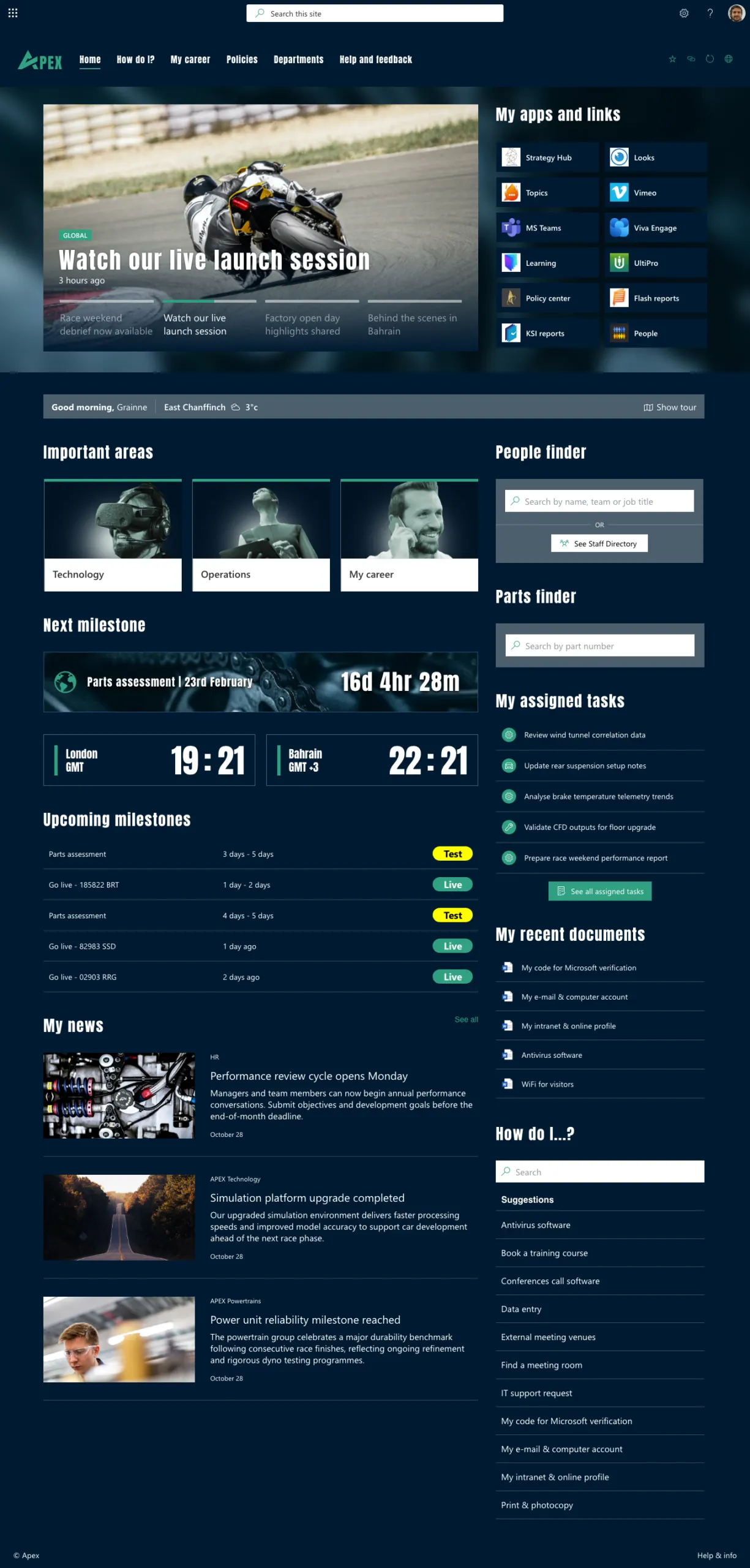 Bold dark-themed SharePoint intranet design for a motorsport organisation