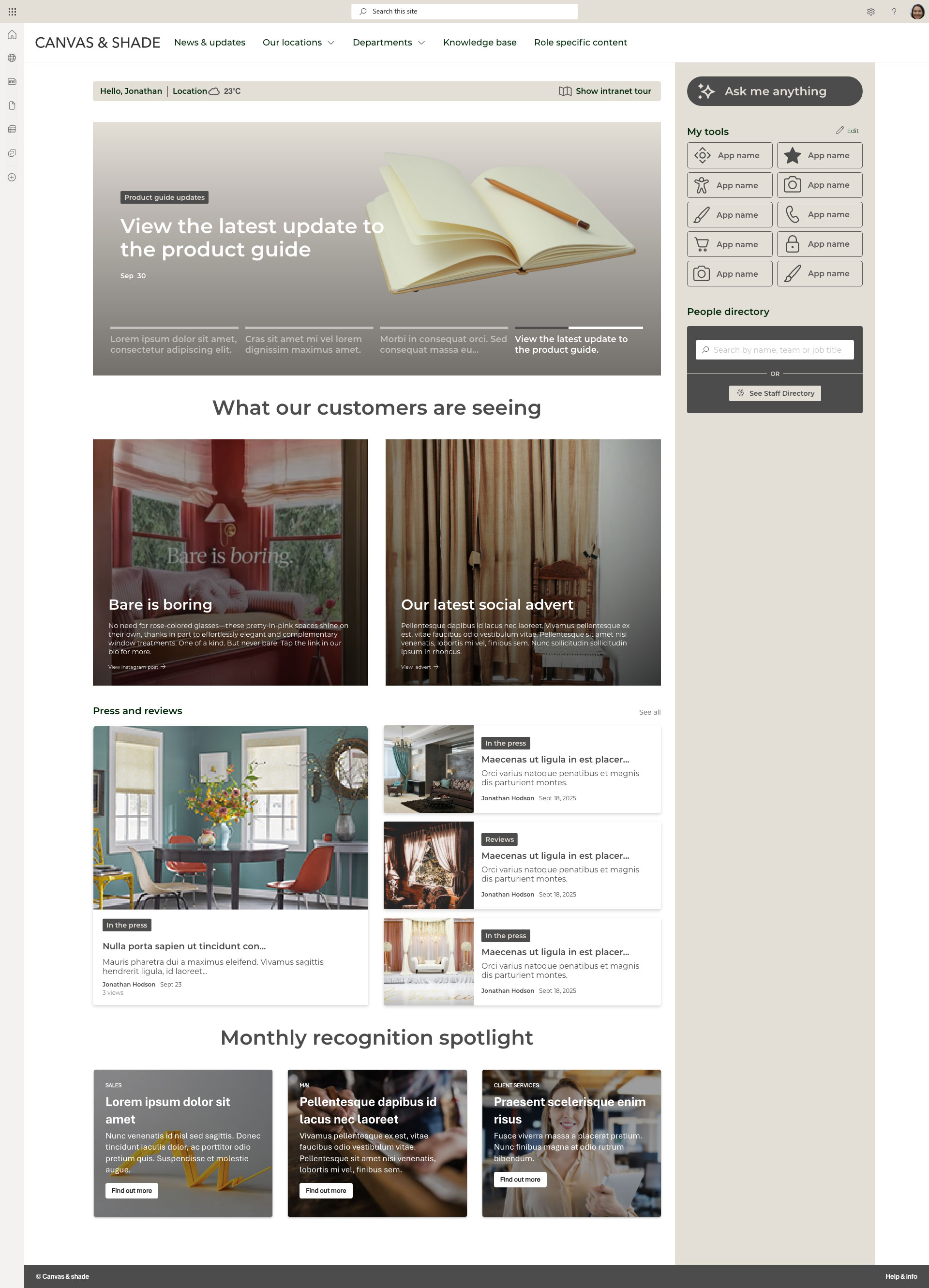 Custom window treatments retailer intranet homepage