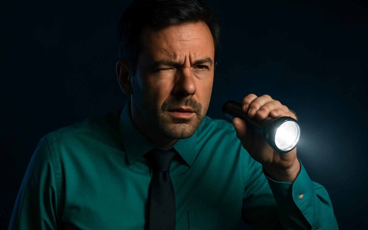 Business worker shining a flashlight in the dark